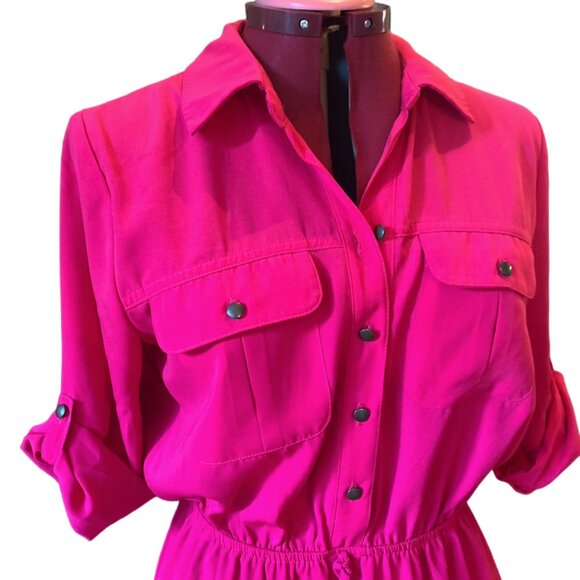 BEBOP - Pink Roll Up Sleeve Duo Pocket Safari Belted Collared Shirt Dress - Picture 3 of 14
